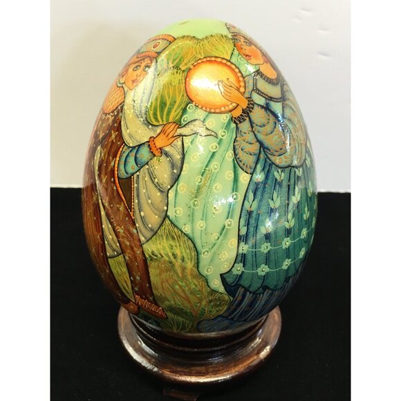 Vintage Russian Painted Lacquered Wooden Egg Folk Art with Stand 6'' Tall - Picture 11 of 14